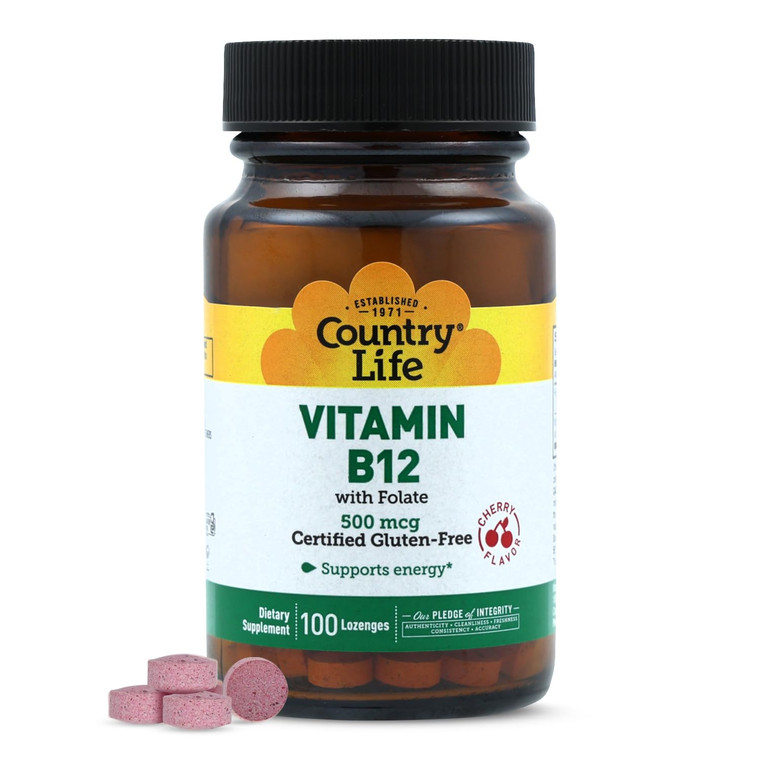 Country Life Vitamin B12 with Folate, Supports Energy & Red Blood Cell Production, 500mcg, 100 Lozenges, Certified Gluten Free, Certified Vegan, Cert