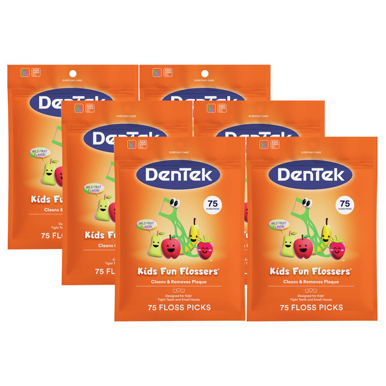 DenTek Fun Flossers  Kids Floss Picks with Wild Fruit Flavor, 75 Count, Pack of 6