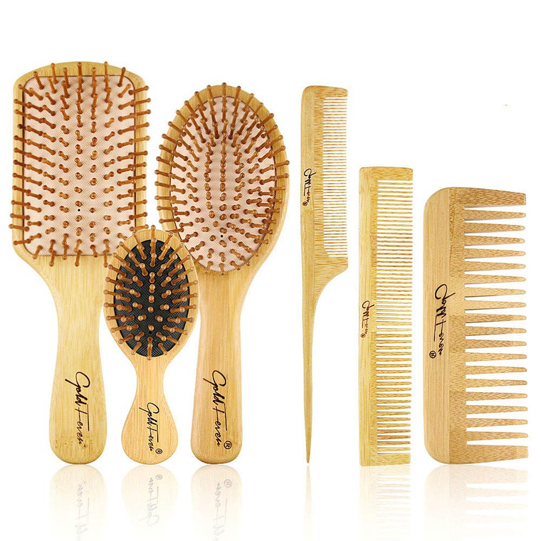 BestFire 6 in 1 Hair Brush Set for Men & Women: Bamboo Bristle Hairbrush, Tail Comb, Double Head Comb, 3 Air Cushion Massage Brushes for Scalp Massag