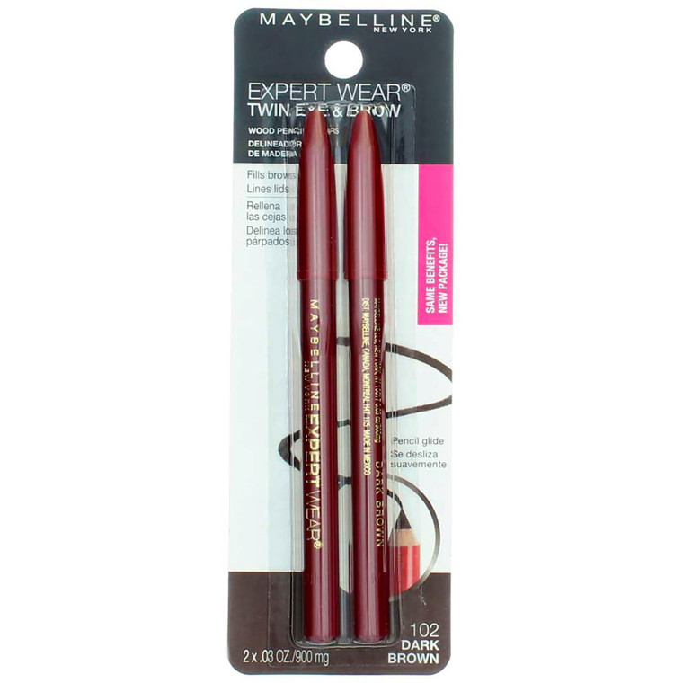 2 Packs - Maybelline New York Expert Wear Twin Brow & Eye Liner Pencils Dark Brown - 4 Pieces