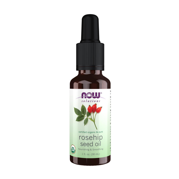 NOW Solutions, Organic Rose Hip Seed Oil, Certified Organic and 100% Pure, For Facial Care, Expeller Pressed, Vegan, Child Resistant Euro Dropper, 1-