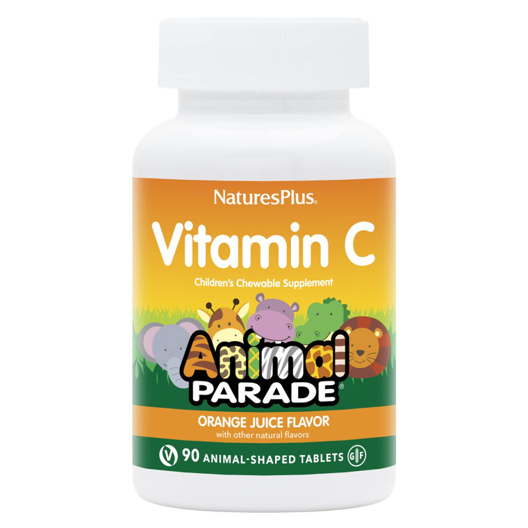 NaturesPlus Animal Parade Vitamin C Children's Chewable - Natural Orange Juice Flavor - 90 Animal-Shaped Tablets - Vegan, Vegetarian, Gluten Free - 4