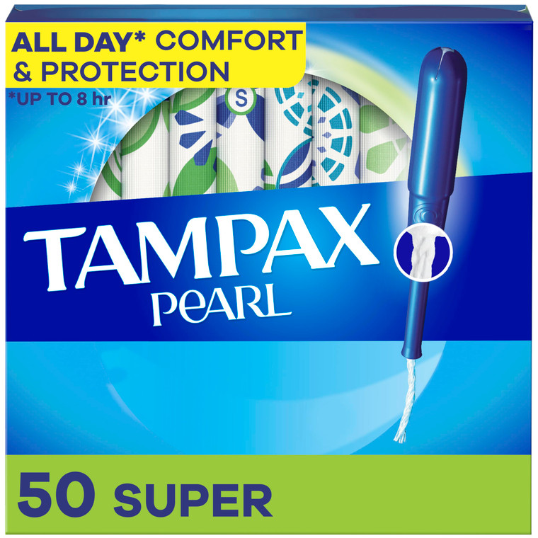 Tampax Pearl Tampons for Women, with LeakGuard Braid, Super Absorbency, Unscented, 50 Count