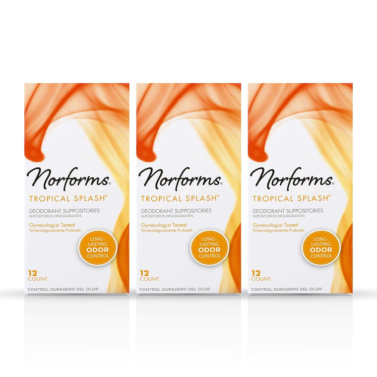 Norforms Feminine Deodorant Suppositories | Long Lasting Odor Control | Tropical Splash | 12 Count | Pack of 3