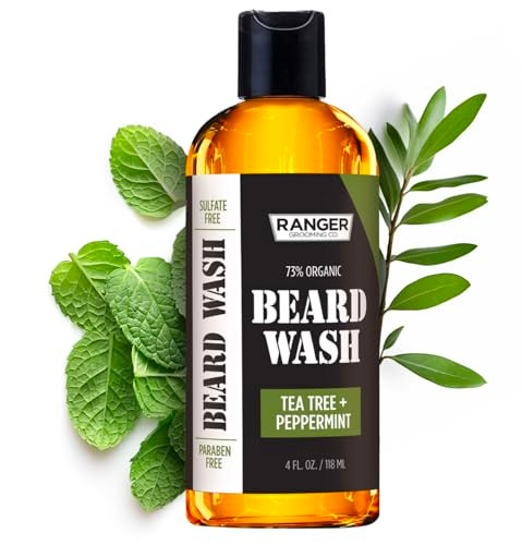 Leven Rose Beard Wash Shampoo by Ranger Grooming Co, Sulfate Free Natural Beard Cleanser & Conditioner for Men, Tea Tree & Peppermint for Growth & Th