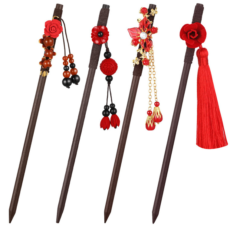Waydress 4 Pcs Asian Hair Stick Accessories for Women Chinese Japanese Hair Chopsticks Clips Retro Geisha Red Wooden Cherry Hairpins Handmade Flower