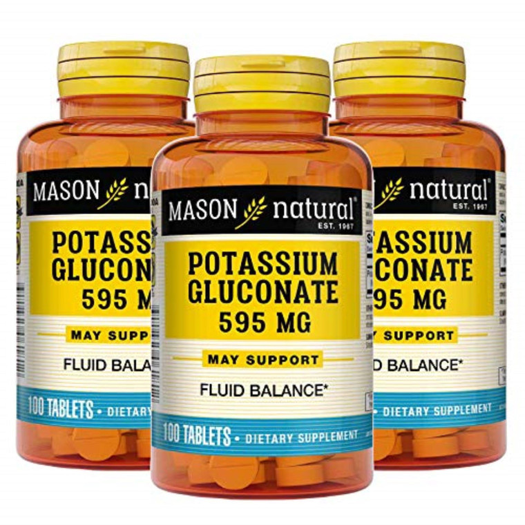 Mason Natural Potassium Gluconate 595 mg, 300 Day Supply, 100 Tablets (Pack of 3)