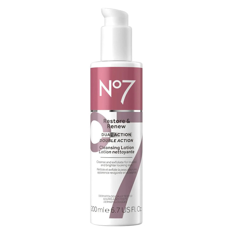 No7 Restore & Renew Dual Action Cleansing Lotion - Facial Cleanser & Exfoliant with Alpha Hydroxy Acid - Cleansing Lotion Makeup Remover for Anti-Agi