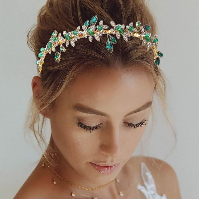 JEAIRTS Emerald Green Rhinestone Headband Gold Wedding Headpiece Hair Accessories for Women