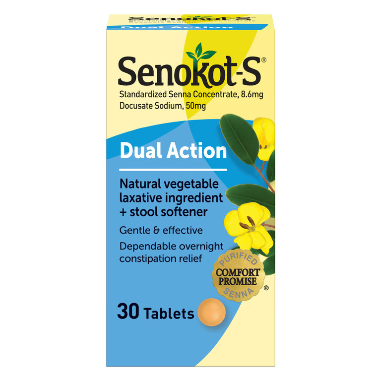 Senokot-S Dual Action 30 Tablets, Natural Vegetable Laxative Ingredient Plus Stool Softener Tablets, Gentle Dependable Overnight Relief of Occasional