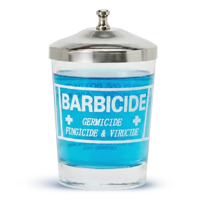 BARBICIDE Disinfectant Jar (Small - 4 Fl Oz)  Durable Glass Immersion Container with Stainless Steel Lid and Tray  Professional Salon, Spa & Barber
