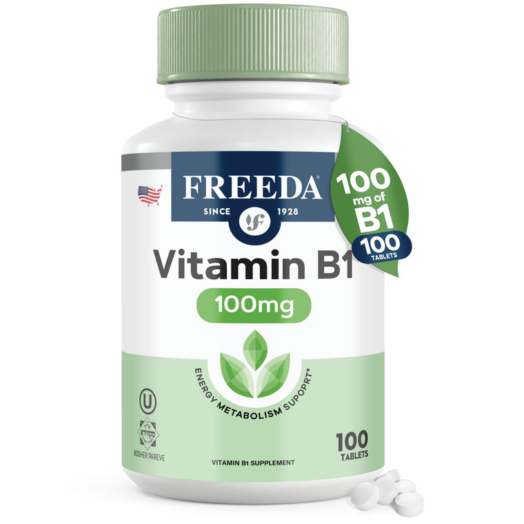 Freeda Vitamin B1 Thiamine 100mg - Supports Energy Metabolism, Nervous System Health - Kosher, Vegan, Gluten Free - Thiamin HCl 100 mg Vitamin B 1 -