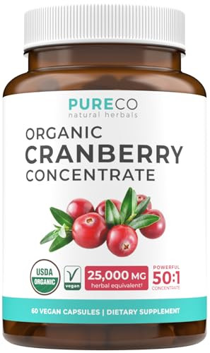 Organic Cranberry Pills - 50:1 Concentrate Equals 25,000mg of Fresh Cranberries (Vegan) for Urinary Tract Health & Kidney Cleanse - Cranberry Pills f