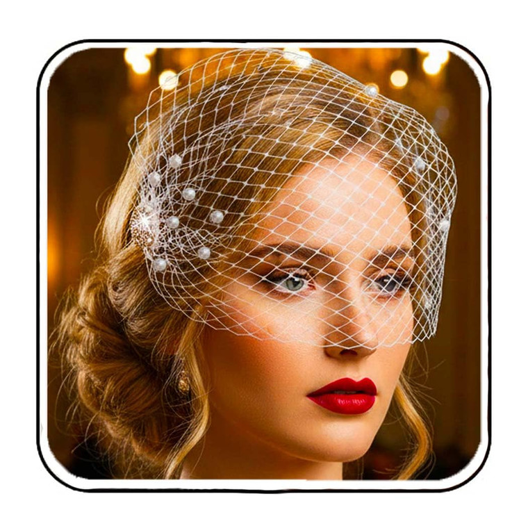 Heread 1920s Pearl Bride Wedding Birdcage Veil White Crystal Bridal Headpiece Accessories with Comb for Women and Girls