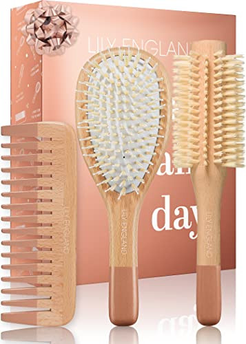 Wooden Hair Brush Set - Paddle Brush, Round Brush & Comb, Hair Brushes with Soft Bristles, Hairbrushes for Women by Lily England (Rose Gold)