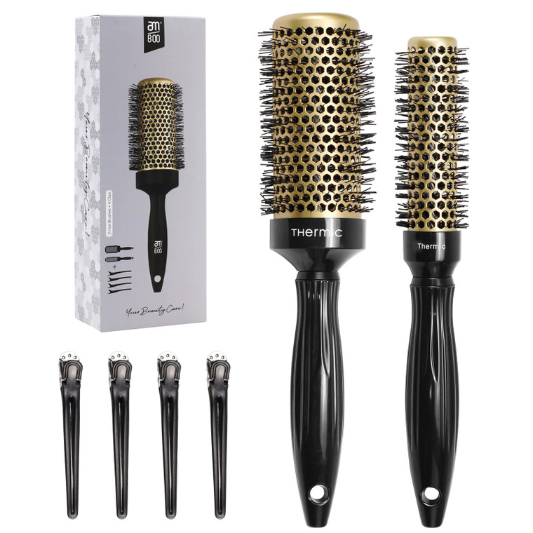 AM 8:00 Round Brush for Blow Drying,Ceramic Barrel & Antistatic Bristles, Salon Blowout Hair Styling for Wet or Dry (Includes 4 Clips)