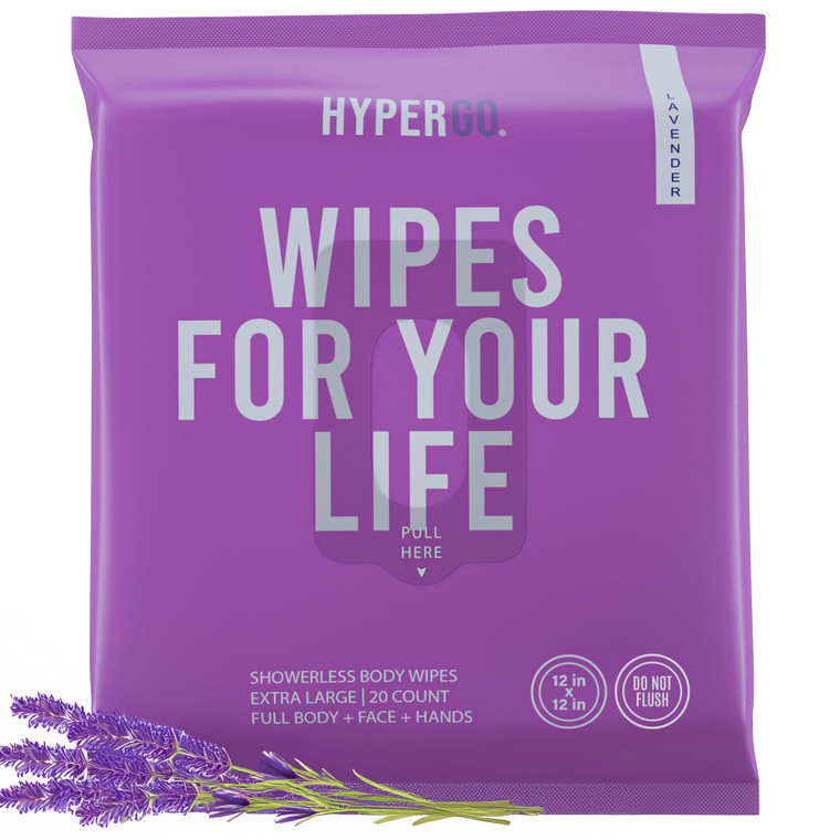 HyperGo XL Body Wipes for Women & Men  12" x12" Rinse-Free Full Body Cleansing Wipes 20 Count Pack - Lavender | Biodegradable, Hypoallergenic, Aloe-