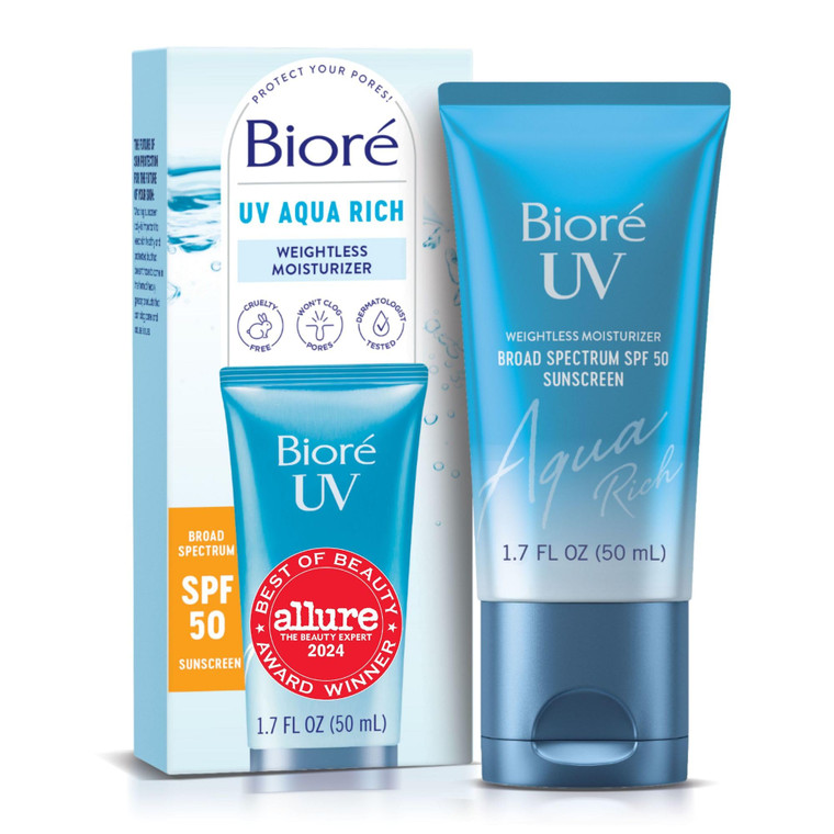Biore UV Aqua Rich Daily Hydrating Facial Moisturizer with SPF 50 | Oil Free Sunscreen for Sensitive Skin with Hyaluronic Acid, Non-Comedogenic, Derm
