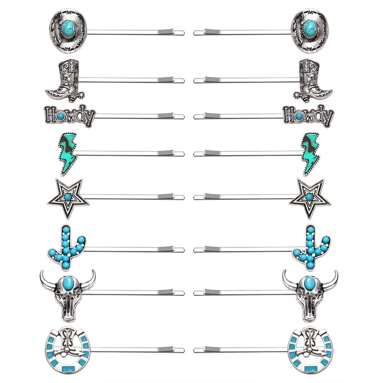 16Pcs Western Turquoise Hair Pins Southwestern Country Cowgirl Bobby Pins Cowboy Hat Boot Cactus Star Lightning Hair Clips Barrettes Boho Women Girl