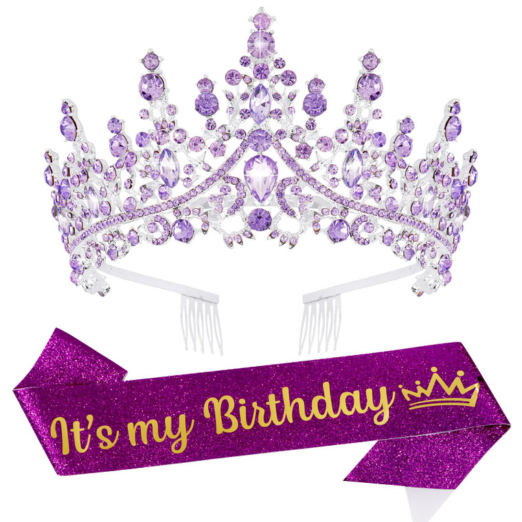 VELSCRUN Purple Crystal Birthday Tiara Crowns for Women Girls It's My Birthday Sash Queen Girls Princess Crown with Combs Happy Birth Party Decoratio