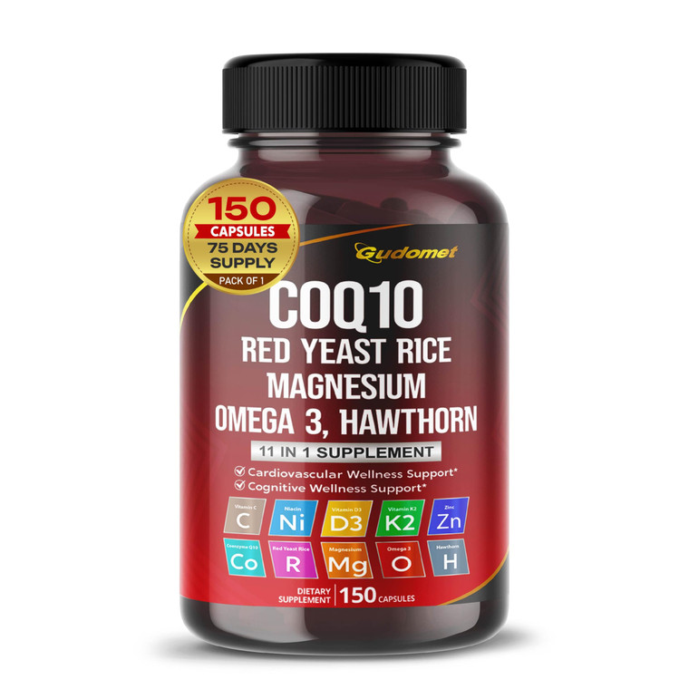 Coenzyme Q10 (Ubiquinone) Red Yeast Rice Hawthorn Omega 3 Vitamin C Niacin Zinc Vitamin K2-150 Capsules