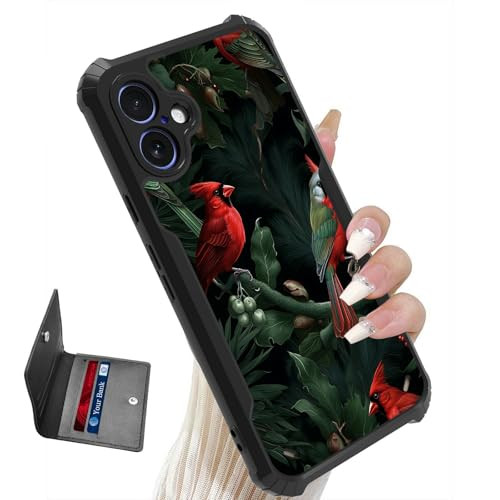 DHYYDSQZ for iPhone 16 Plus Phone Case 6.7" 2024 Credit Card Holder Wallet for Men Women Slim Red Cardinal Birds Design Soft TPU Corners Hybrid Shock