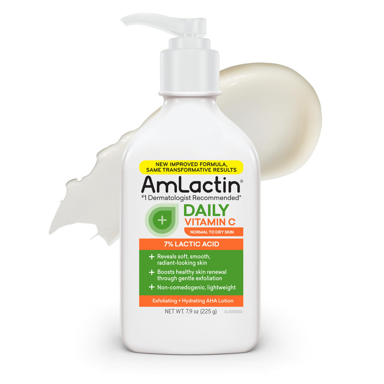 AmLactin Daily Vitamin C Lotion  Brightening Body Lotion for Dry Skin - No-Scrub Exfoliator and Moisturizer with 7% Lactic Acid AHA and Vitamin C, 7