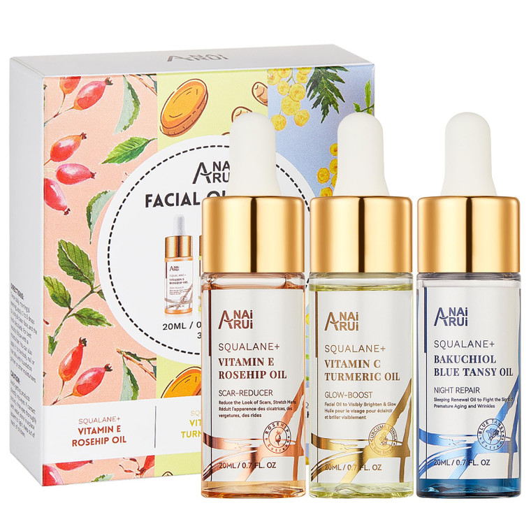 ANAI RUI Squalane Facial Oil Set,Face Oil Gift Set, Vitamin E Rosehip Oil +VC Turmeric Oil +Bakuchiol Oil,Soothing ,Stocking Stuffer for Women 20 ML/