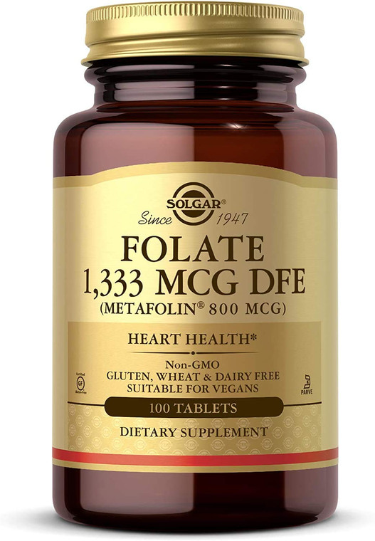 Solgar Folate 1,333 mcg DFE, 100 Tablets - 800 mcg Bio-Active Metafolin - Heart Health - Non-GMO, Vegan, Gluten Free, Dairy Free, Kosher - 100 Servin