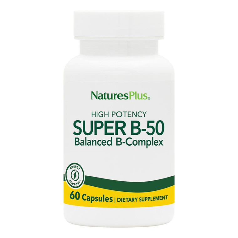 NaturesPlus Super B-50 - High-Potency B Complex Vitamin with Choline, Inositol & PABA - Supports Energy, Recovery & Healthy Skin and Hair - Vegan, Gl
