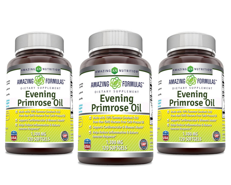 Amazing Formulas Evening Primrose Oil 1300mg, 10% GLA, Softgels Supplement | Hexane Free Cold Pressed Oil | Non-GMO | Gluten Free (120 Count)