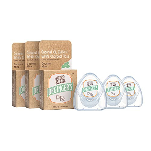 Dr. Ginger's White Charcoal Dental Floss - Flat Glide Action for Tight - 32yds - 3 pcs