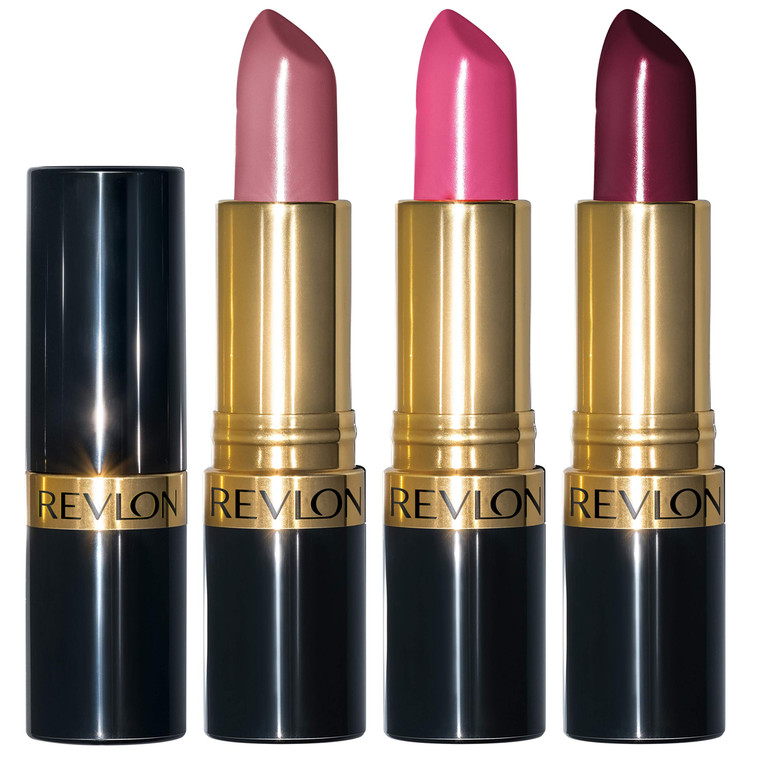 Revlon Super Lustrous 3-Piece Lipstick Gift Set, High Impact, Moisturizing, Cream Finish, 764 On The Mauve, 778 Pink Promise, 477 Black Cherry, 0.45
