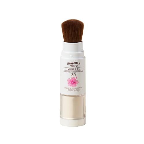 Hawaiian Tropic Mineral Powder Sunscreen Brush SPF 30 | Beach Essentials, Zinc Oxide Mineral Sunscreen Powder SPF, Face Sunblock Travel Size, Brush O
