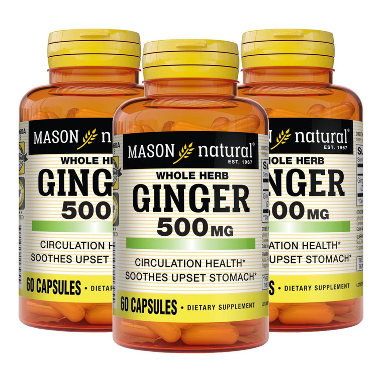 MASON NATURAL Whole Herb Ginger 500 mg, 6 Month Supply, Natural Herbal Supplement, 60 Capsules (3 Pack)