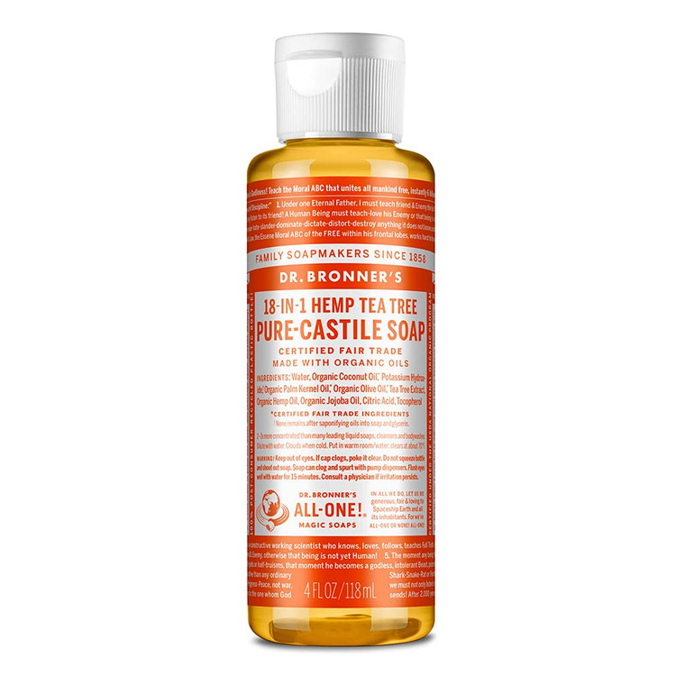 Dr. Bronner's - Pure-Castile Liquid Soap (Tea Tree, 4 Ounce) - Made with Organic Oils, 18-in-1 Uses: Acne-Prone Skin, Dandruff, Laundry, Pets and Dis