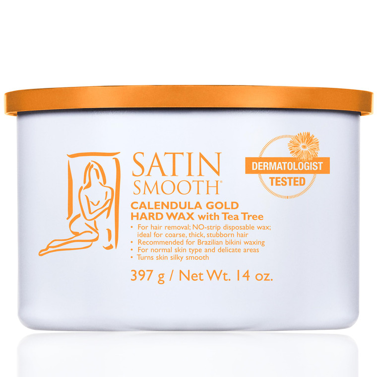 Satin Smooth Calendula Gold® Hard Wax with Tea Tree Oil, Hair Removal Wax for Sensitive Skin, Ideal for Face & Bikini Areas, Waxing Kit, 14oz