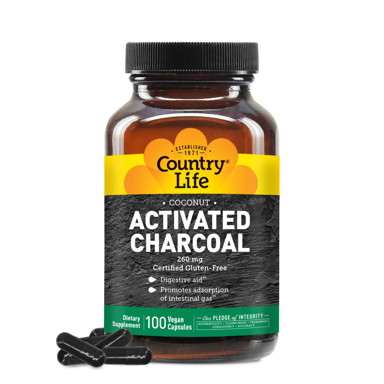 Country Life Coconut Activated Charcoal Capsules, 260mg  Natural Charcoal Supplement for Gas and Bloating Relief - Gluten-Free, 100 Vegan Capsules