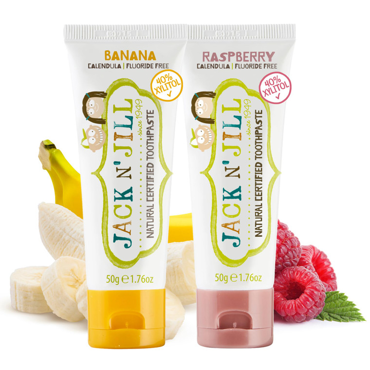 Jack N' Jill Natural Toddler Toothpaste - Fluoride Free Training Toothpaste for Toddlers 1-3, 40% Xylitol, BPA Free - Banana & Raspberry, 1.76 oz (Pa