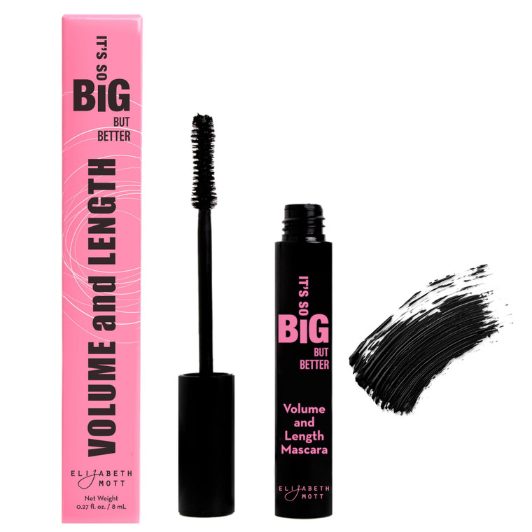 Elizabeth Mott Black Volumizing Mascara  Smudge-Proof, Lengthening Fiber Formula, Hourglass Wand  Clump-Free, Water-Resistant & Cruelty-Free  Safe