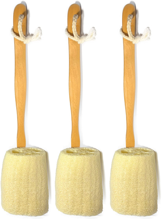 3 Pack Natural Exfoliating Loofah luffa loofa Bath Brush On a Stick - with Long Wooden Handle Back Brush for Men & Women - Shower Sponge Body Back Sc
