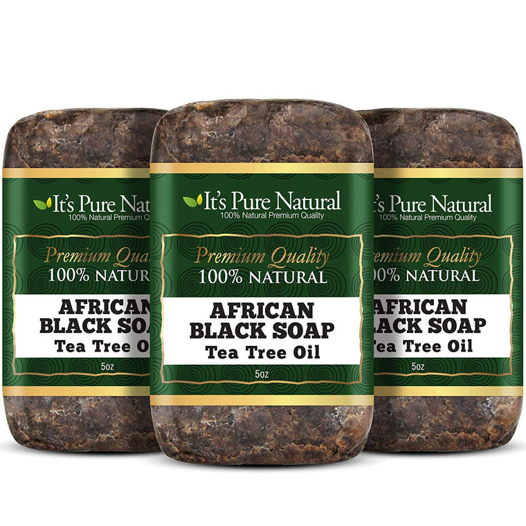 It's Pure Natural African Black Soap Bars with Tea Tree (Pack of 3) Organic Raw Soap for Face & Body, Acne Treatment & Dark Spot Remover [Made in Gha