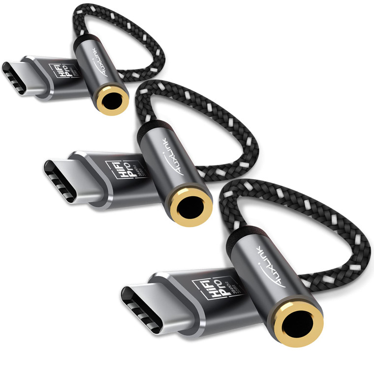 USB C to 3.5mm Audio Adapter 3Packs, AuxLink USB Type C Headphone Adapter Hi-Fi DAC Chip, USB C to Headphone Jack Female Aux Adapter for iphone 15, S