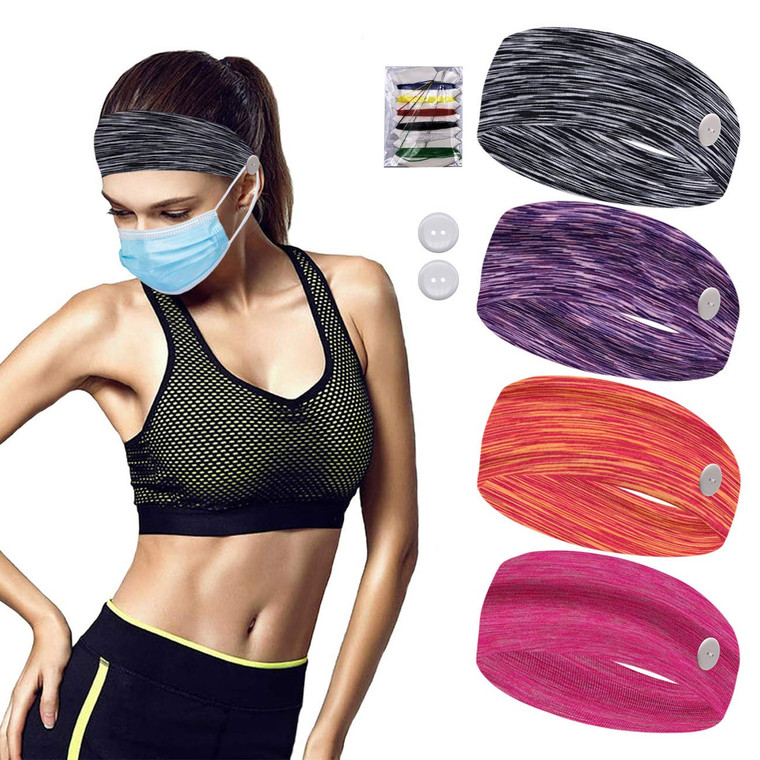 4 Pack Headband with Buttons for Face Masks and Covers, Stretchy and Elastic, Ear Protection Holder -Protect Your Ears With Headband Headwrap Friends