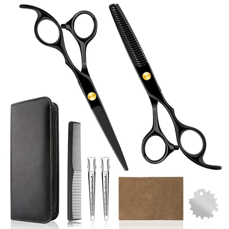 Professional Home Hair Cutting Kit Home Haircutting Scissors Barber/Salon/Home Thinning Shears Kit with Comb and Case Black Cape for Men Women