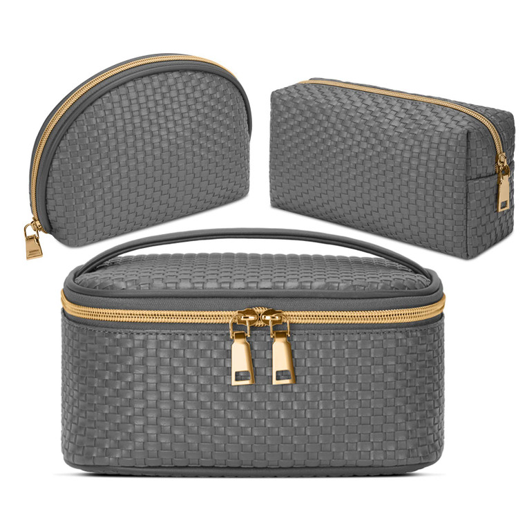 KTMOUW Makeup Bag 3 Pcs Waterproof Cosmetic Bag Set Portable Travel Cosmetic Bag Multifunction Organizer Storage Bag Weave Toiletry Bag for Women, Gr