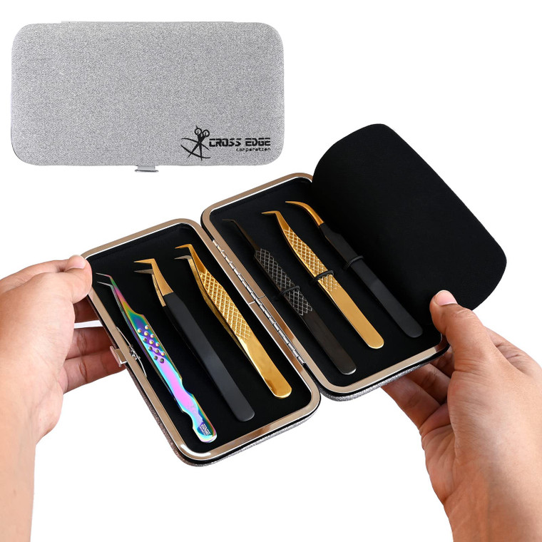 Cross Edge Corporation Glittery Eyelash Extension Tweezers Storage Case - Multipurpose Portable Magnetic Box Holds 6 - Silver
