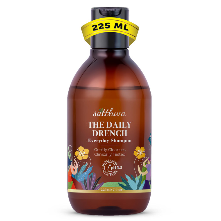 Satthwa Daily Drench - Everyday Mild Shampoo | Powered By Niacinamide | pH 5.5 | SLS & Paraben Free | All Hair Types | For Men & Women - 225ml