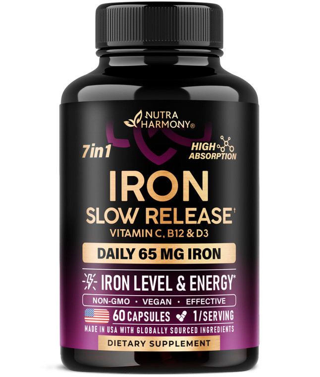 Iron Supplement for Women - Iron 65mg (Ferrous Sulfate 325mg) - Stomach Friendly | Slow Release Iron | High Absorption - Vitamins C, D3, B6, B12 & Fo