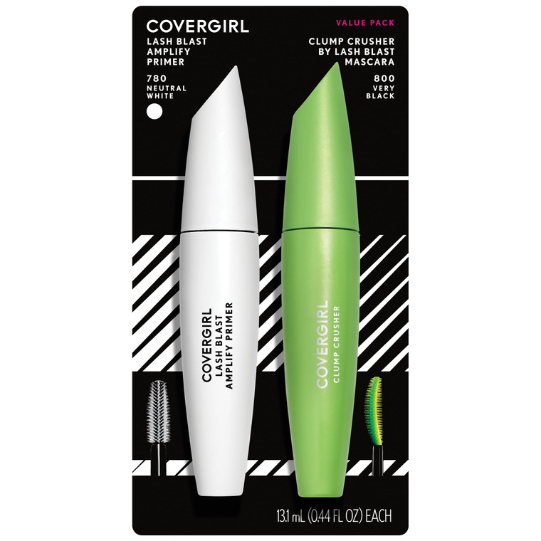 COVERGIRL Clump Crusher Mascara + Mascara Primer Bundle, 20X More Volume, Double Sided Brush, Long-Lasting Wear - 800 Very Black + 780 Neutral White